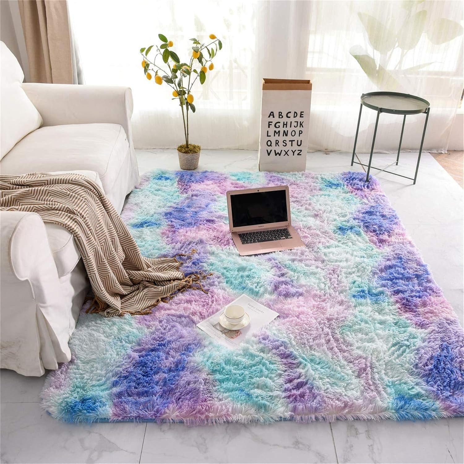 Shaggy Fluffy Faux Fur Area Rug Door Mat,Tie Dye Style,Softest, Luxurious Shag Carpet Rugs for Bedroom, Living Room, Luxury Bed Side Plush Carpets, Rectangle (Light Purple, 3' X 5')