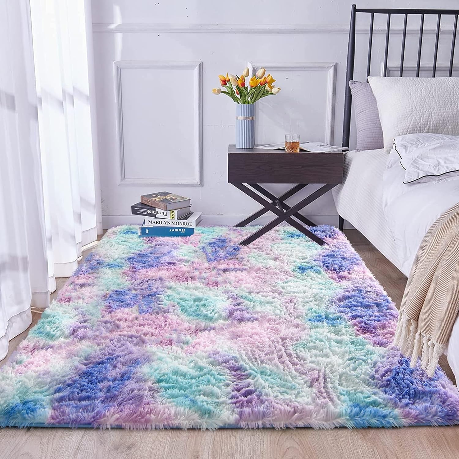 Shaggy Fluffy Faux Fur Area Rug Door Mat,Tie Dye Style,Softest, Luxurious Shag Carpet Rugs for Bedroom, Living Room, Luxury Bed Side Plush Carpets, Rectangle (Light Purple, 3' X 5')