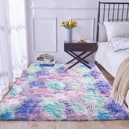 Shaggy Fluffy Faux Fur Area Rug Door Mat,Tie Dye Style,Softest, Luxurious Shag Carpet Rugs for Bedroom, Living Room, Luxury Bed Side Plush Carpets, Rectangle (Light Purple, 3' X 5')